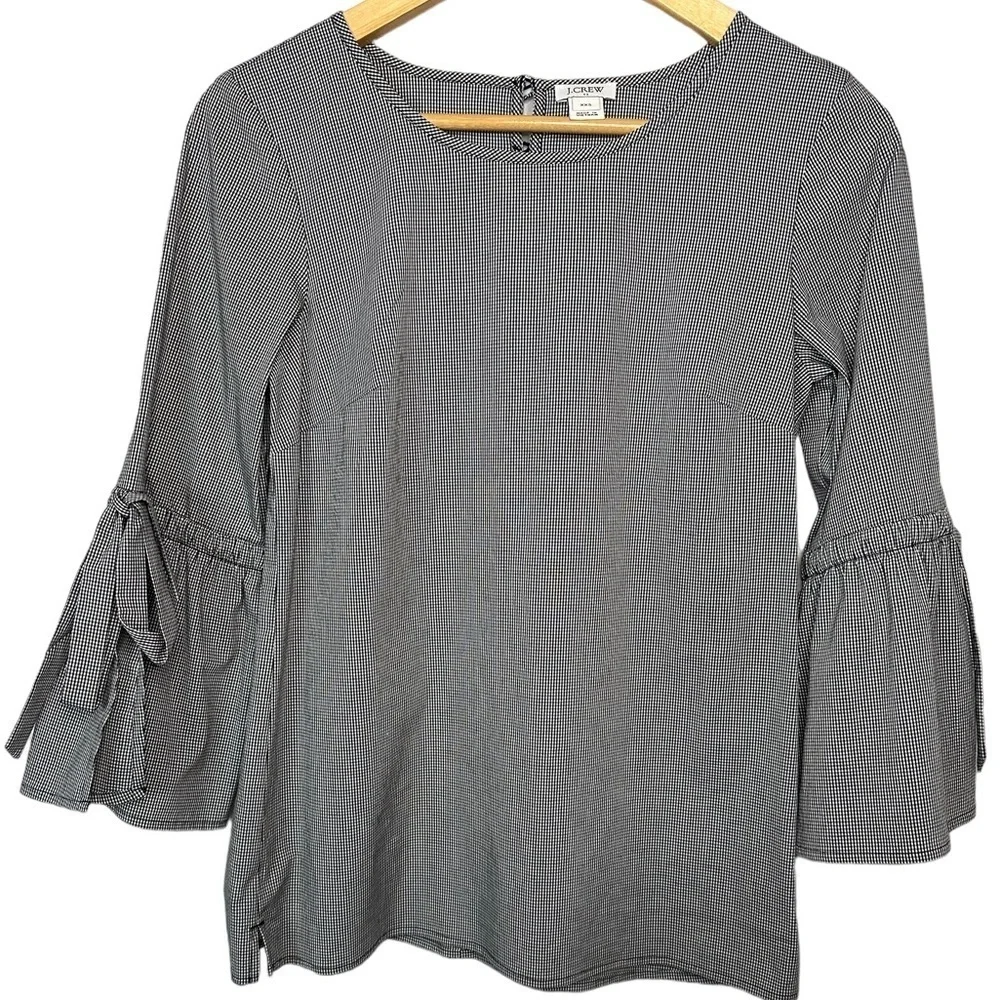 1. J Crew XXS Gingham plaid 3/4 bell flare sleeves slits bow keyhole in back - Picture 3 of 14